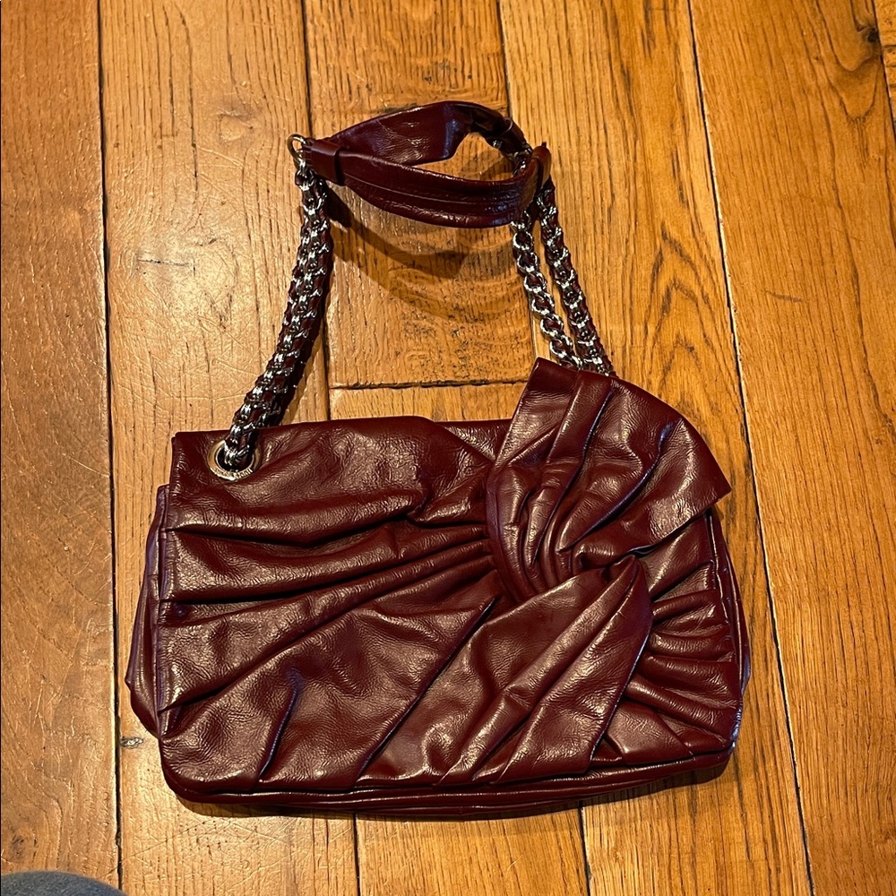 Elegant Burgundy Nina Ricci Leather Handbag authentic made in Korea